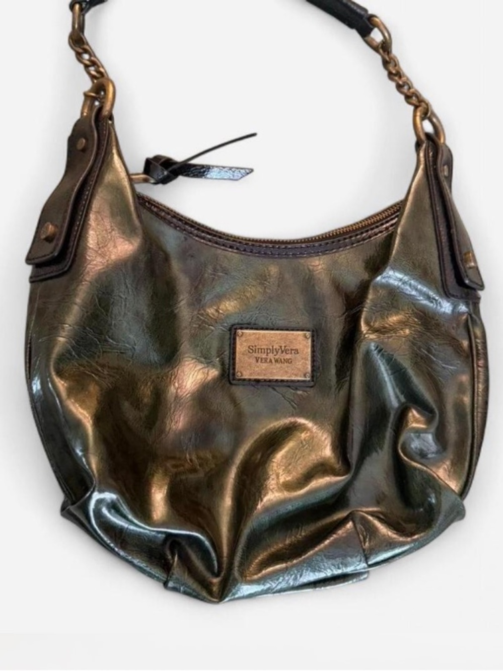 Simply Vera Vera Wang Metallic Olive Green Hobo with Chain-Trim Strap